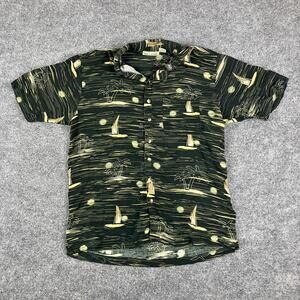 Sun Casuals Hawaiian Shirt Mens L Green Rayon Button Front Tropical Print